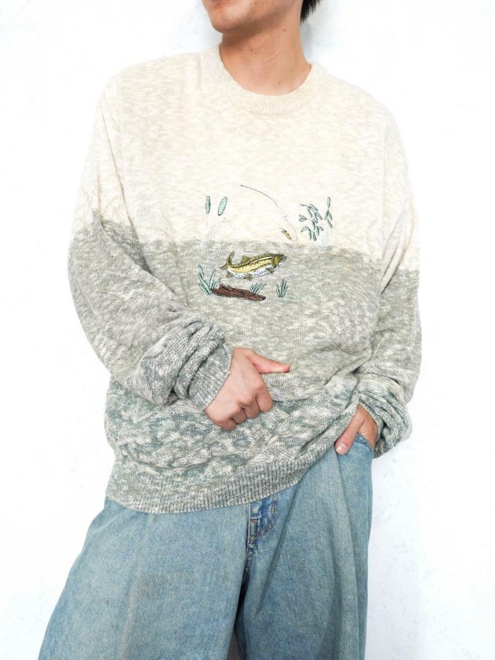 Men's vintage R and R Cream and Gray Embroidered Fisherman Sweater XLT